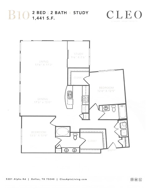Floor plan for 2 beds, 2 baths, 1441 sqft